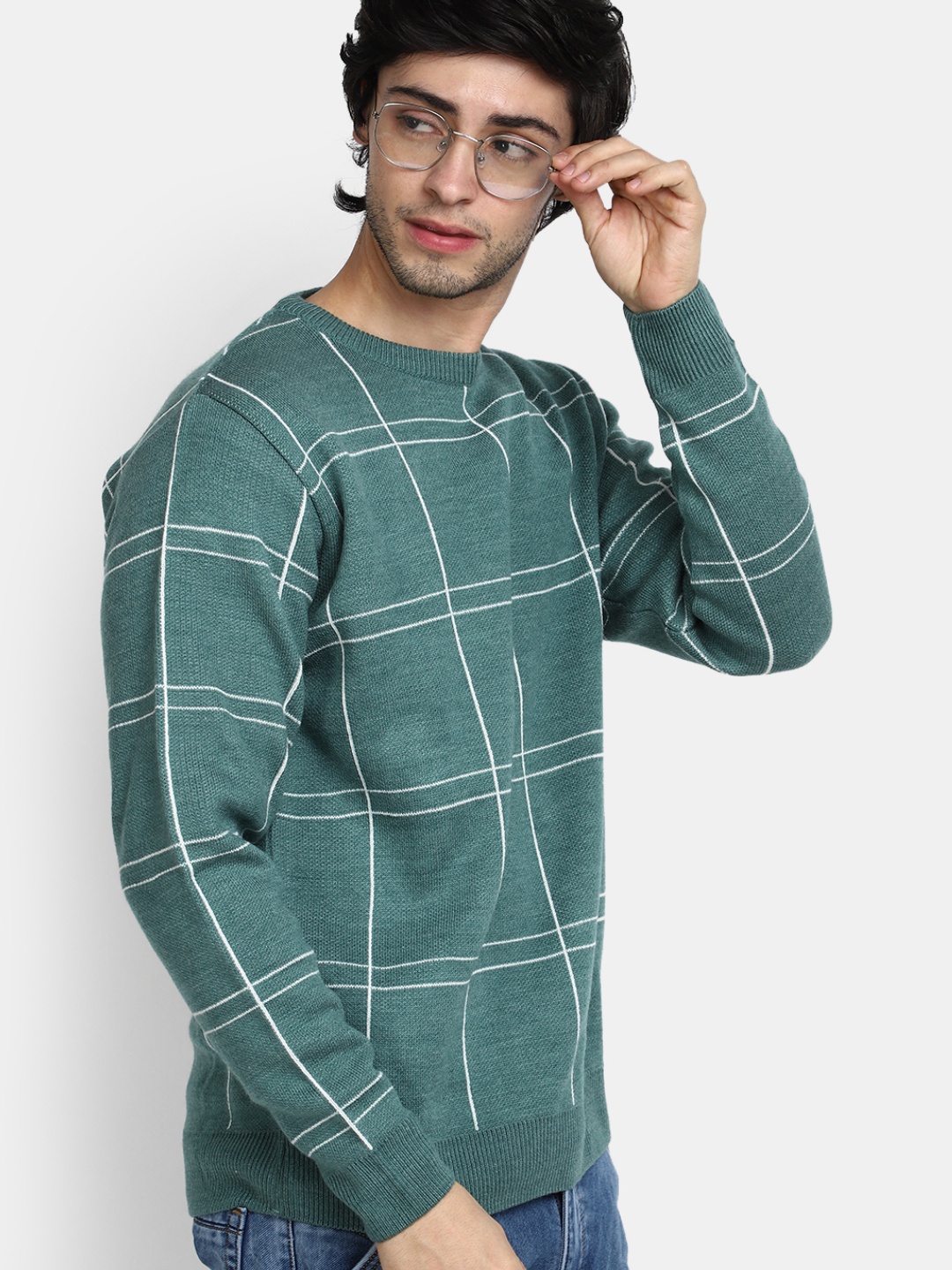 

V-Mart Checked Round Neck Sweatshirt, Green