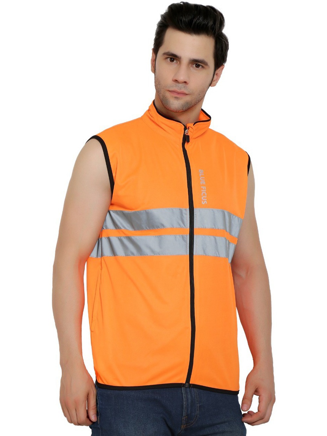 

BLUEFICUS Striped Mock Collar Reflective Strip Padded Jacket, Orange