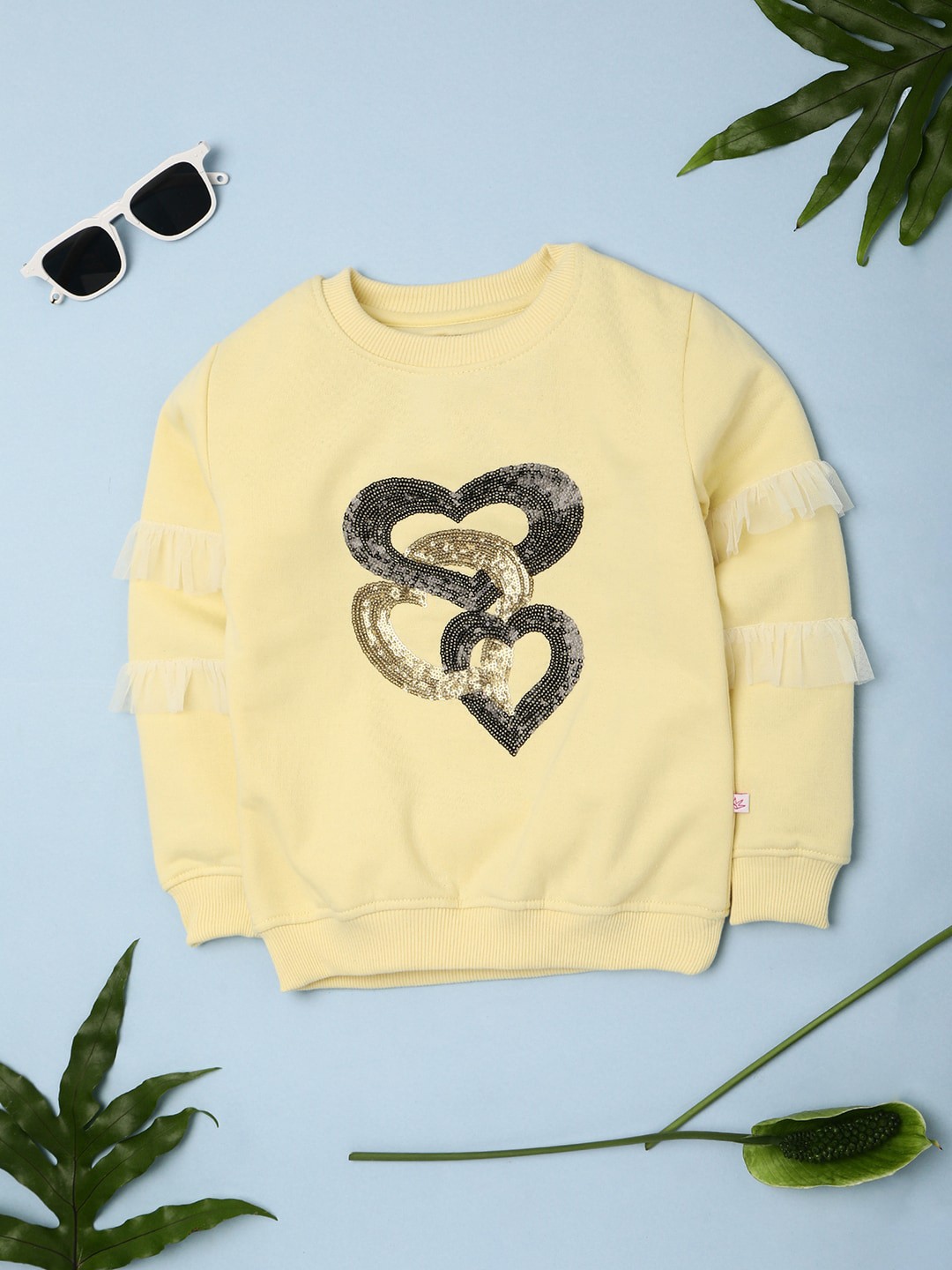 

V-Mart Girls Graphic Printed Embellished Fleece Pullover Sweatshirt, Yellow