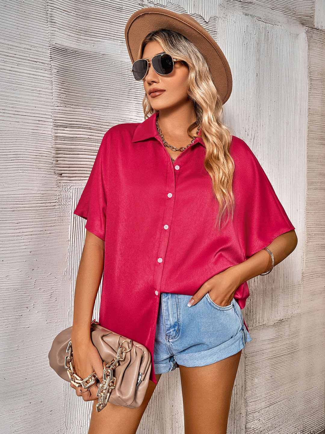 

StyleCast Pink Opaque Spread Collar Short Sleeves Casual Shirt