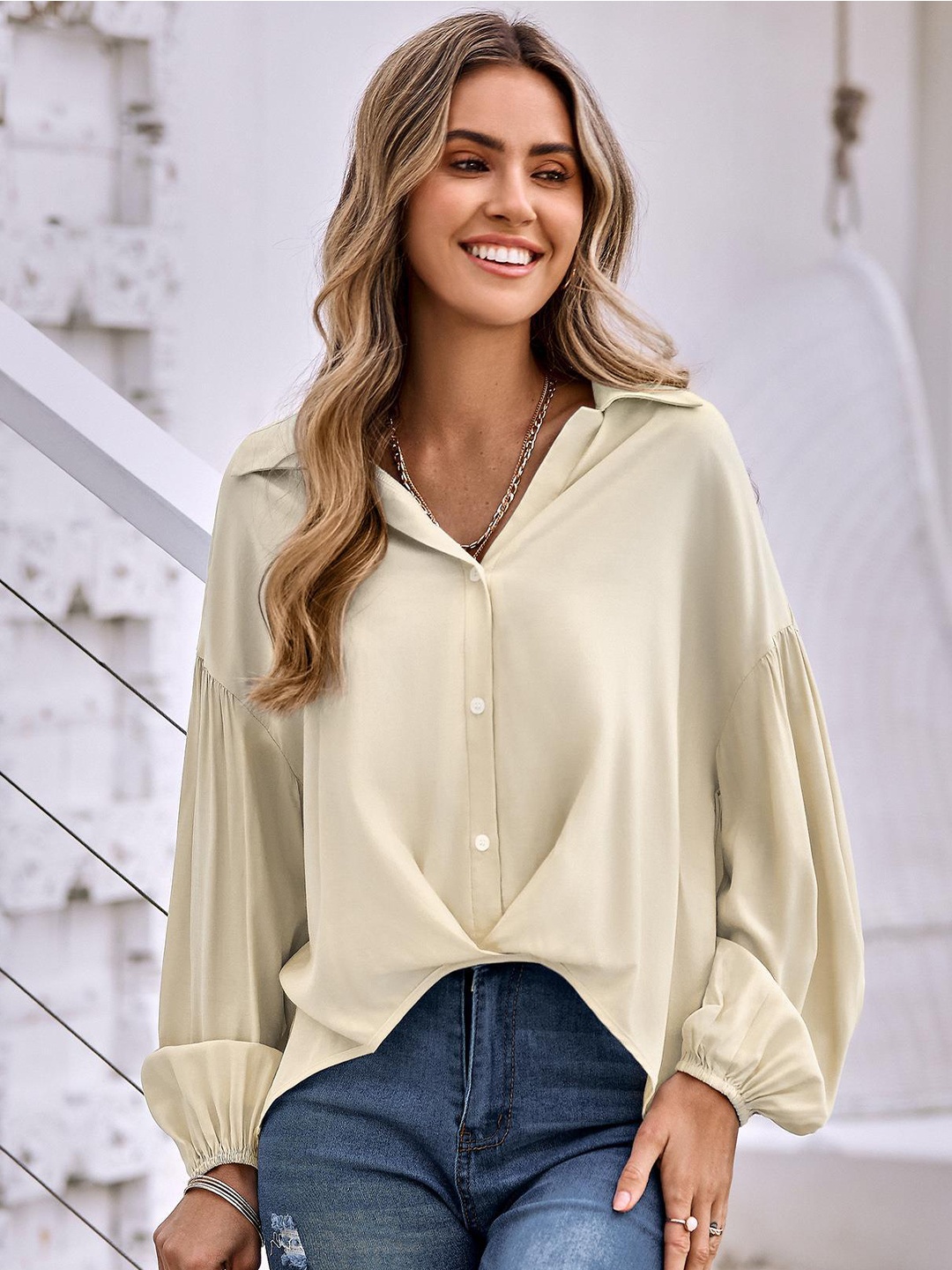 

StyleCast Spread Collar Puff Sleeves Casual Shirt, Beige