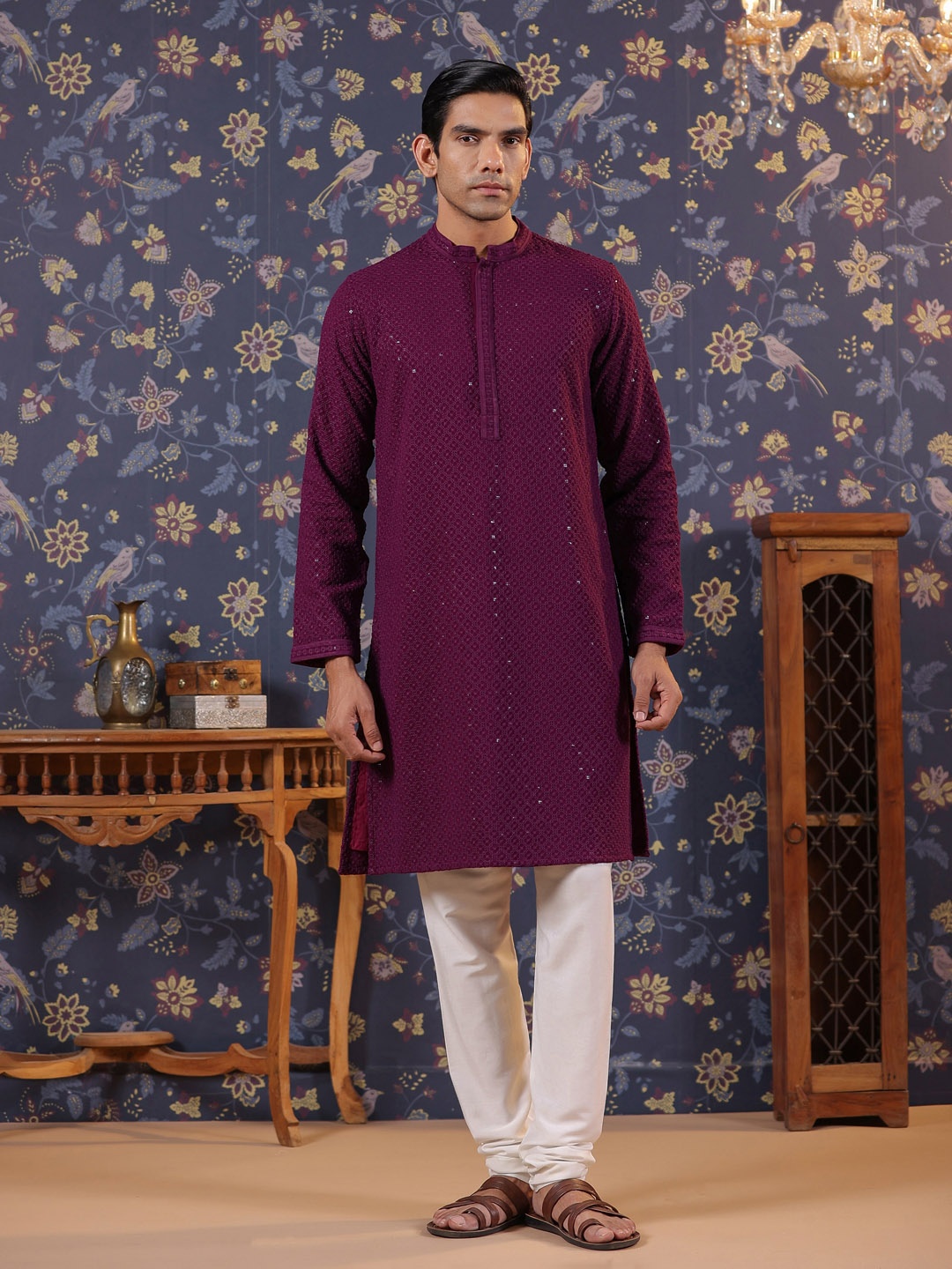 

House of Pataudi Mandarin Collar Embroidered Straight Kurtas, Burgundy
