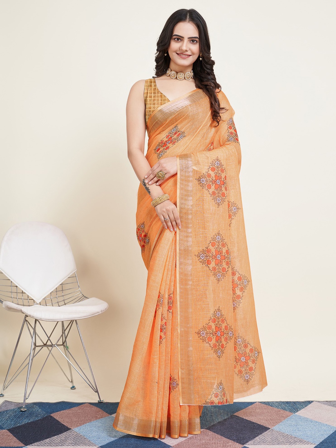 

LeeliPeeri Designer Floral Printed Zari Saree, Orange