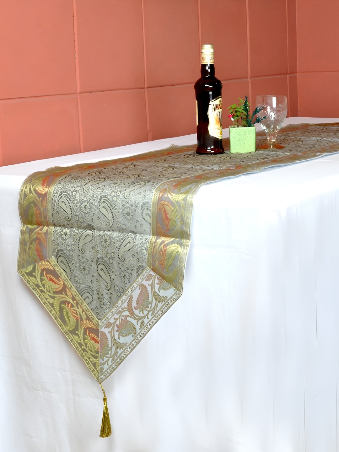

Lal Haveli Grey and GoldToned Ethnic Motif Printed Table Runner