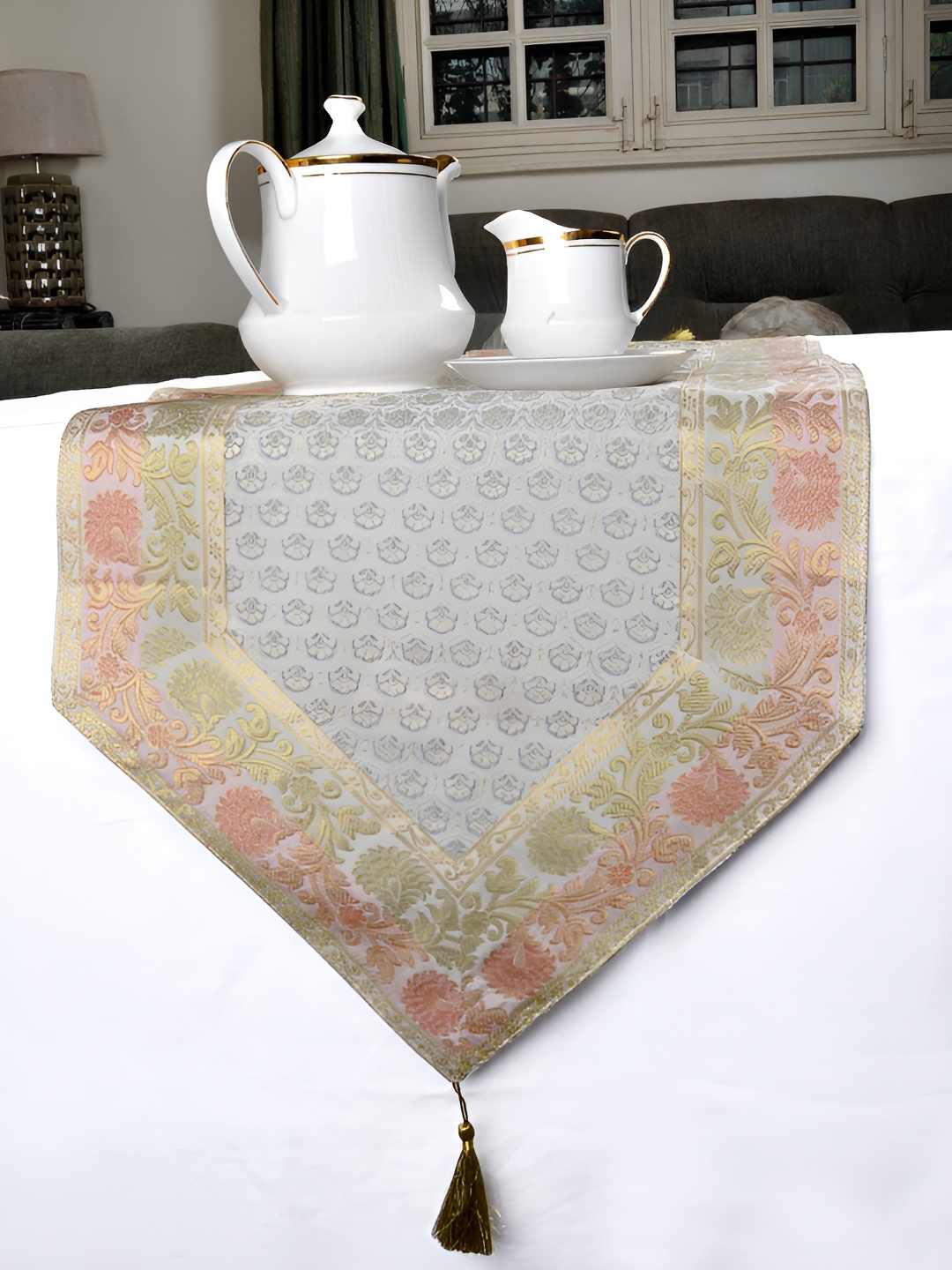 

Lal Haveli White Self-designed Table Runner