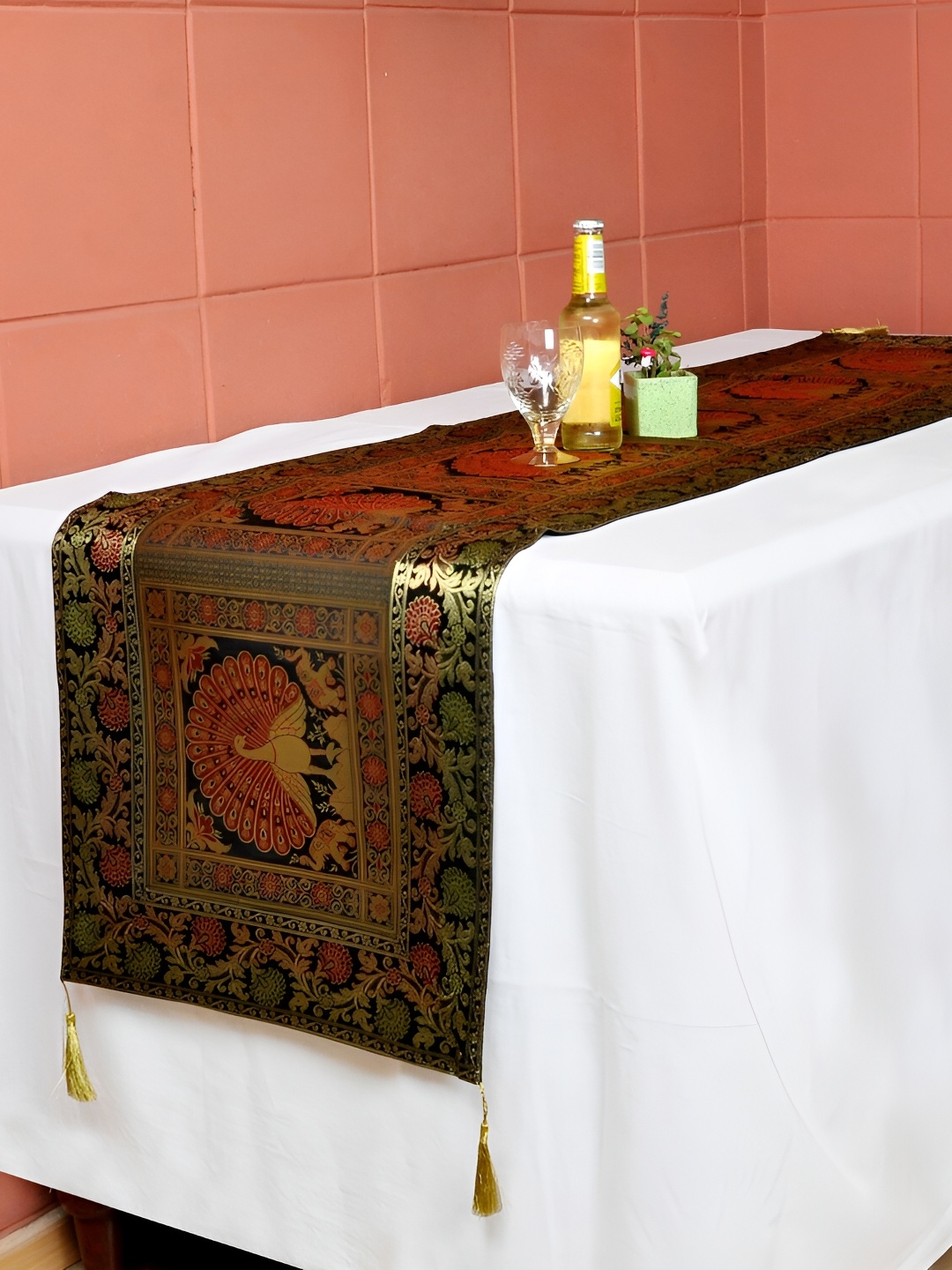 

Lal Haveli Gold Ethnic Motifs Printed Table Runner, Black