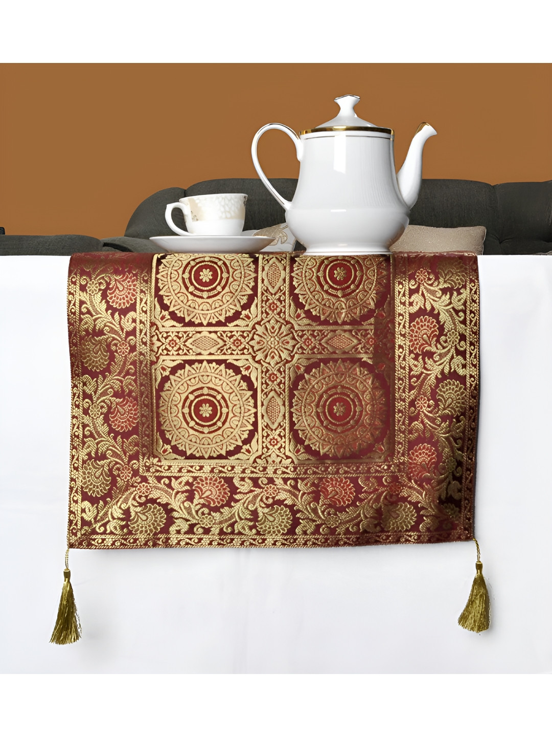 

Lal Haveli Maroon & Beige Ethnic Motifs Woven Design Table Runner