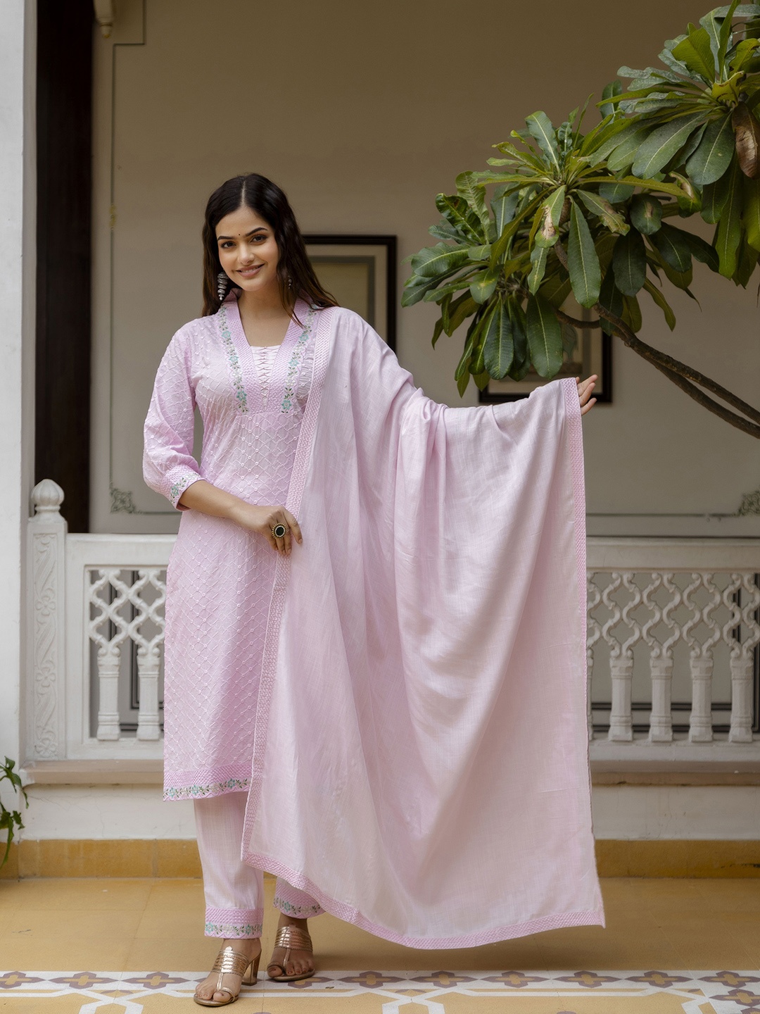 

KALINI Floral Embroidered Pure Cotton Kurta With Trouser & Dupatta, Pink