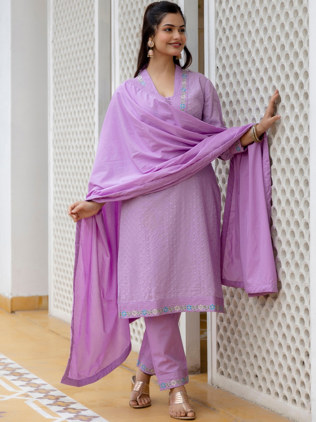 

KALINI Floral Embroidered Pure Cotton Kurta With Trousers & Dupatta, Lavender