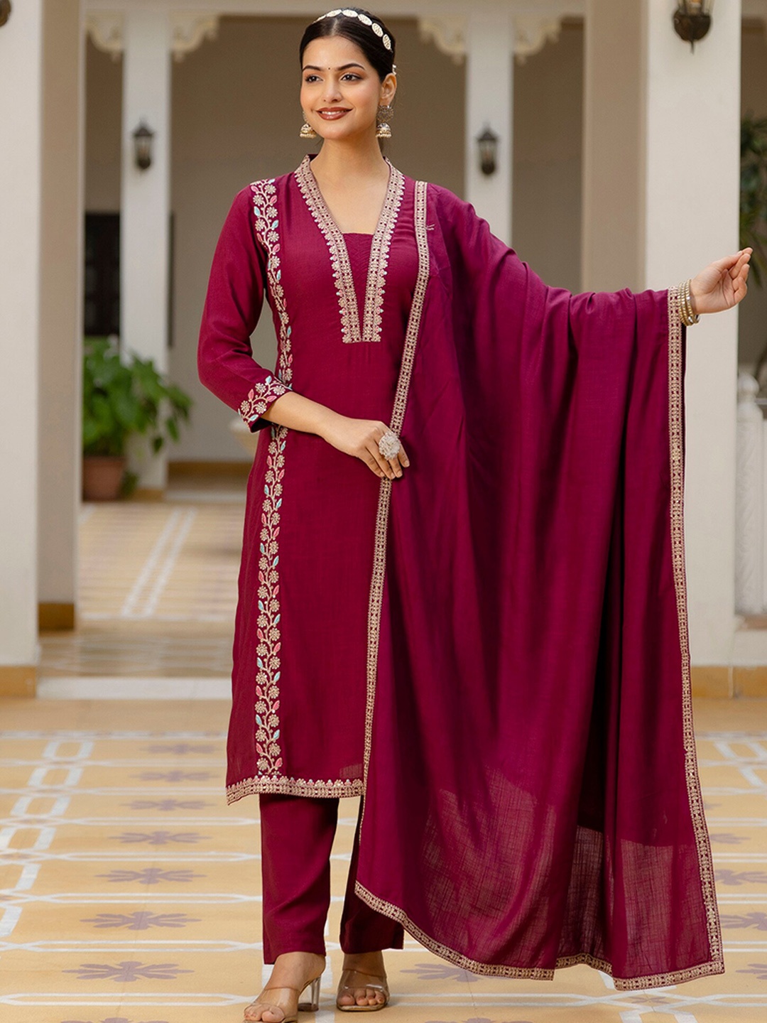 

KALINI Ethnic Motifs Embroidered Thread Work Striaght Kurta & Trousers & With Dupatta, Magenta