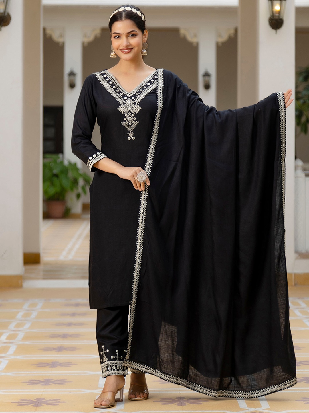 

KALINI Ethnic Motifs Yoke or Border Mirror Work Kurta & Trousers With Dupatta, Black