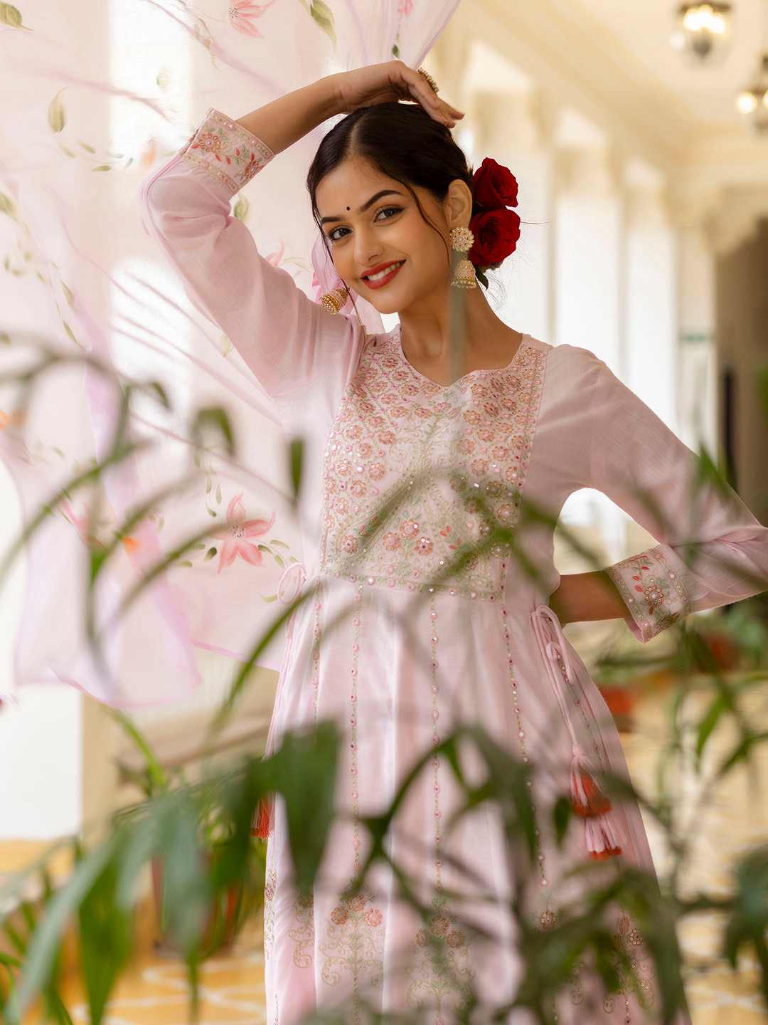 

KALINI Panelled Mirror Work Pure Cotton Kurta with Trousers & Dupatta, Pink