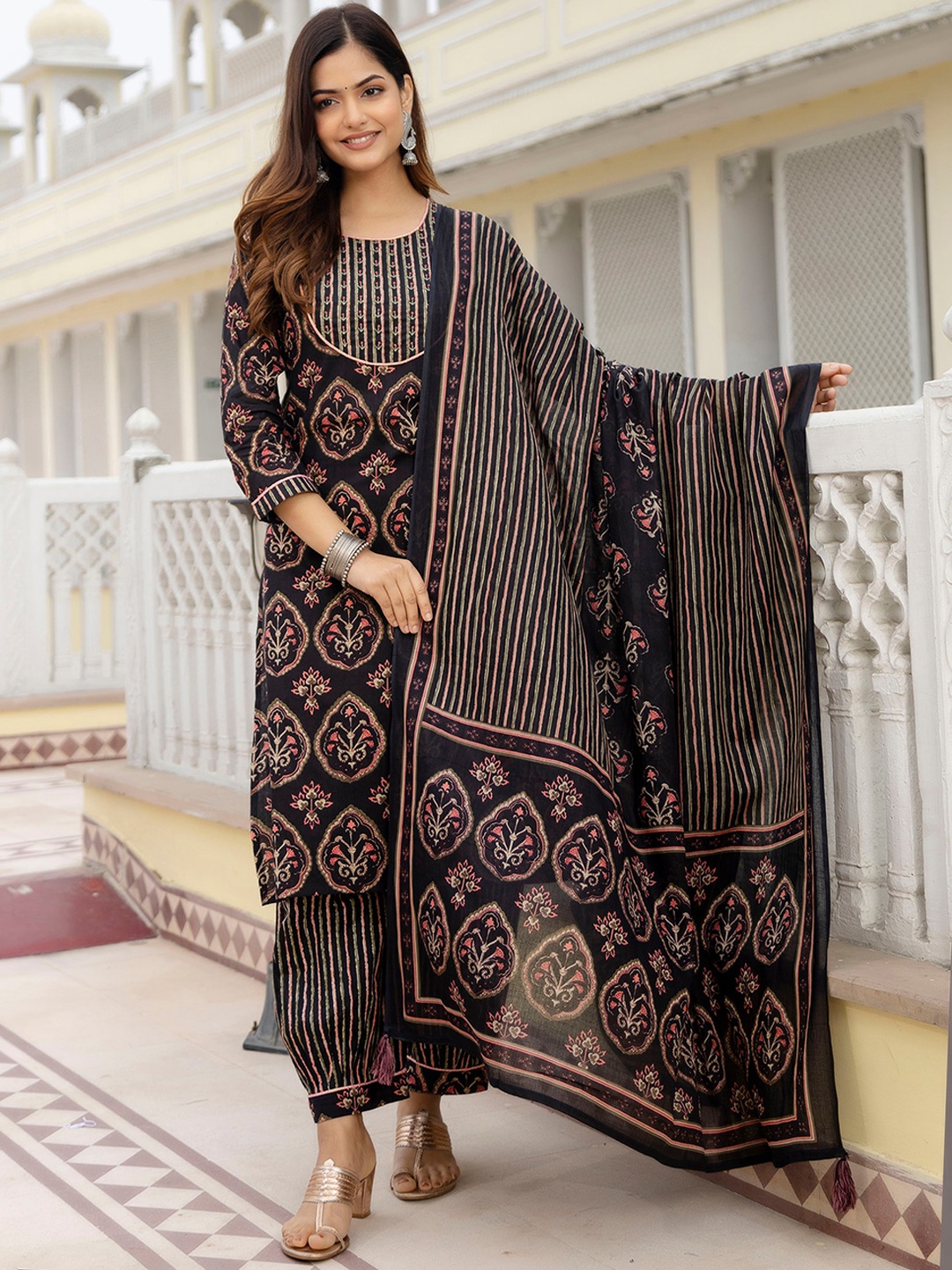 

KALINI Floral Printed Zari Pure Cotton Kurta with Patiala & Dupatta, Black