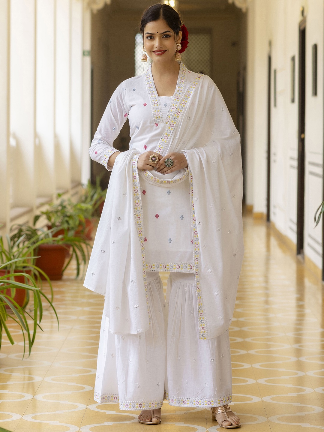 KALINI Floral Embroidered Pure Cotton Kurta With Sharara & Dupatta, White
