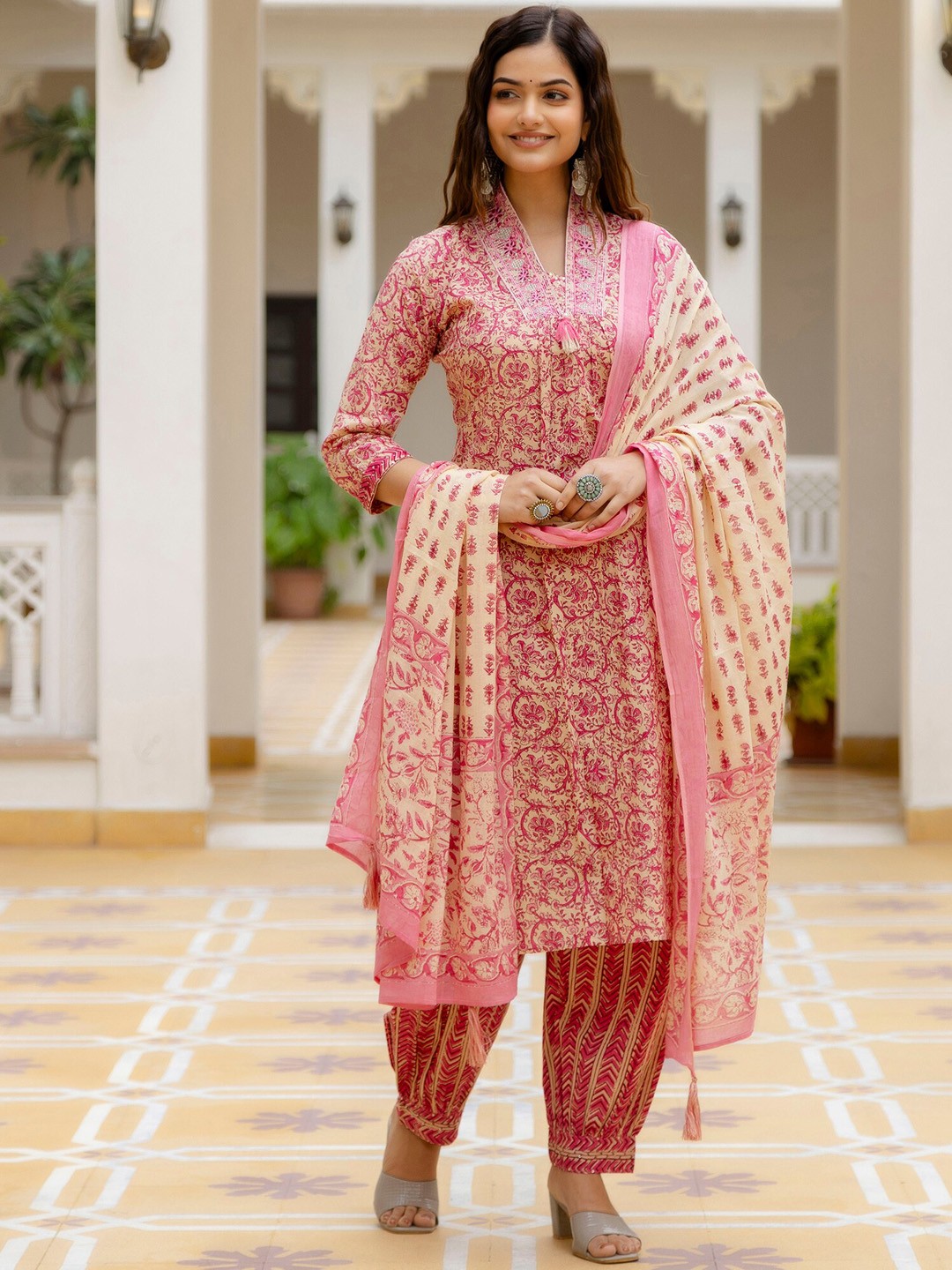 

KALINI Floral Printed V-Neck Thread Work Pure Cotton Straight Kurta & Patiala With Dupatta, Pink