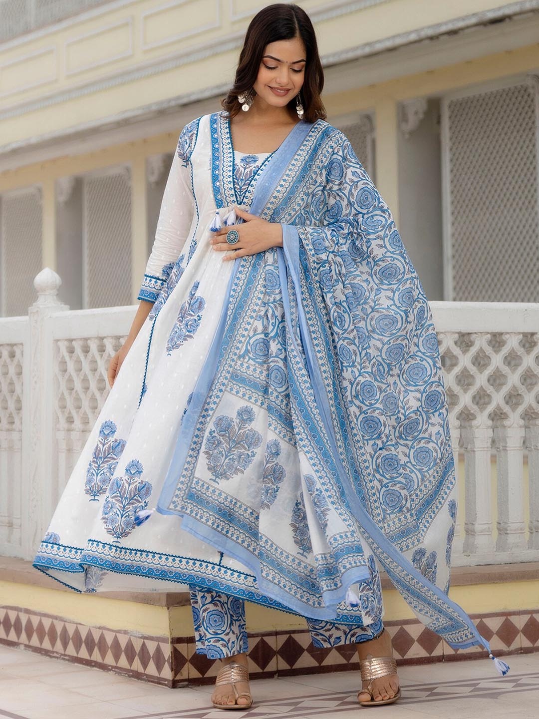 

KALINI Ethnic Motifs Printed Pure Cotton A-Line Kurta with Trousers & With Dupatta, White