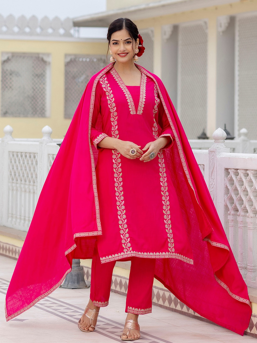 

KALINI Floral Yoke or Border Sequinned Kurta & Trousers With Dupatta, Fuchsia