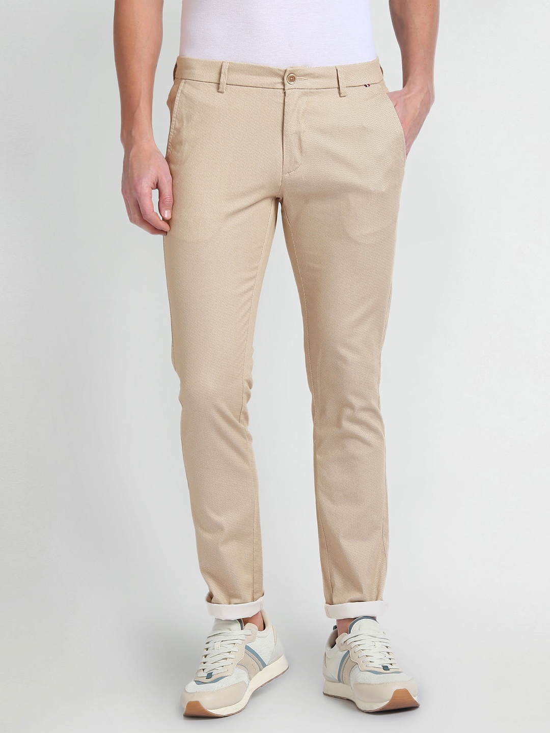 

Arrow Sport Men Low-Rise Cotton Plain Slim Fit Chinos Trousers, Beige