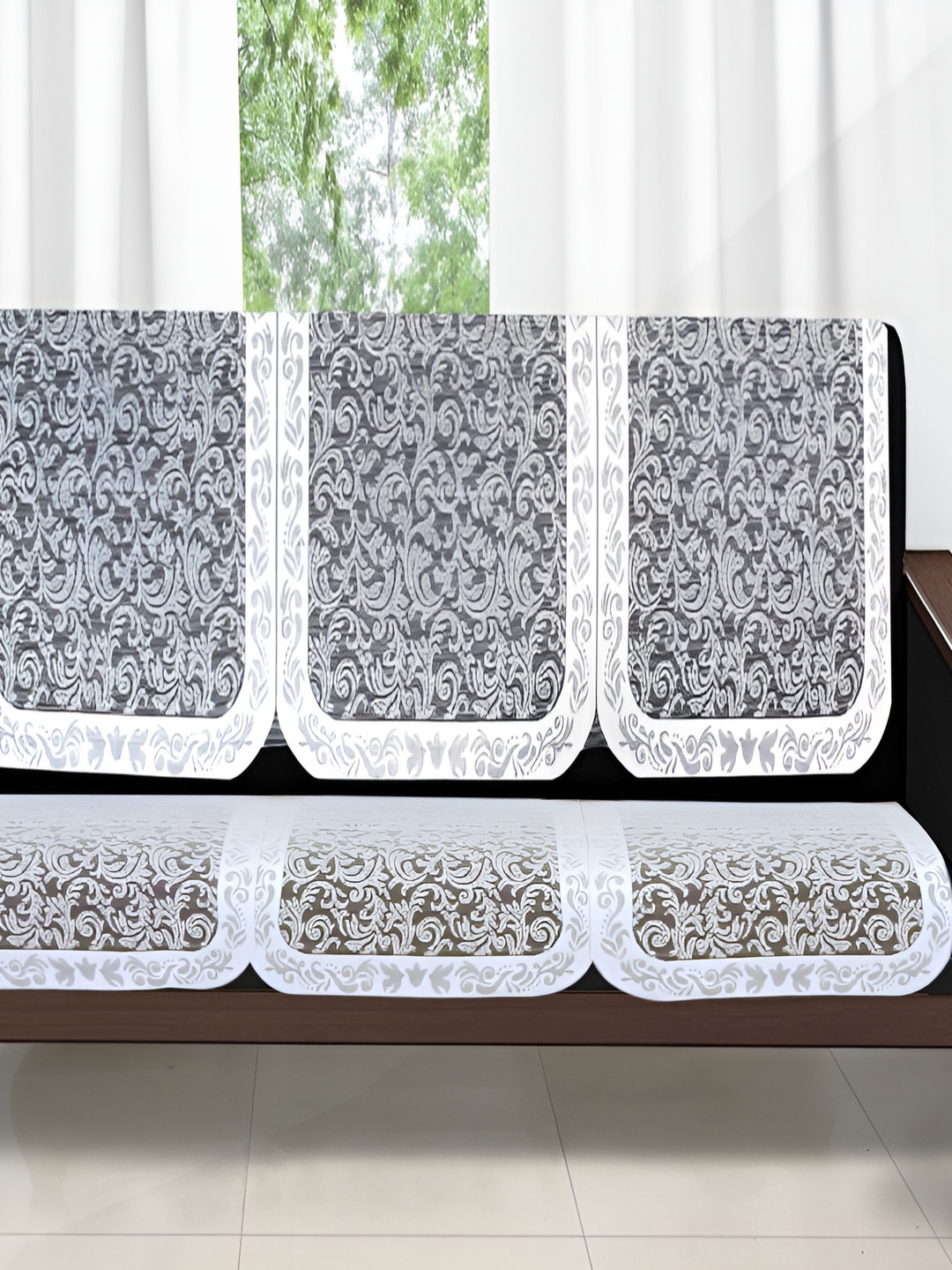 

Stylista Grey & White 6 Pieces Floral Printed Velvet Sofa Cover