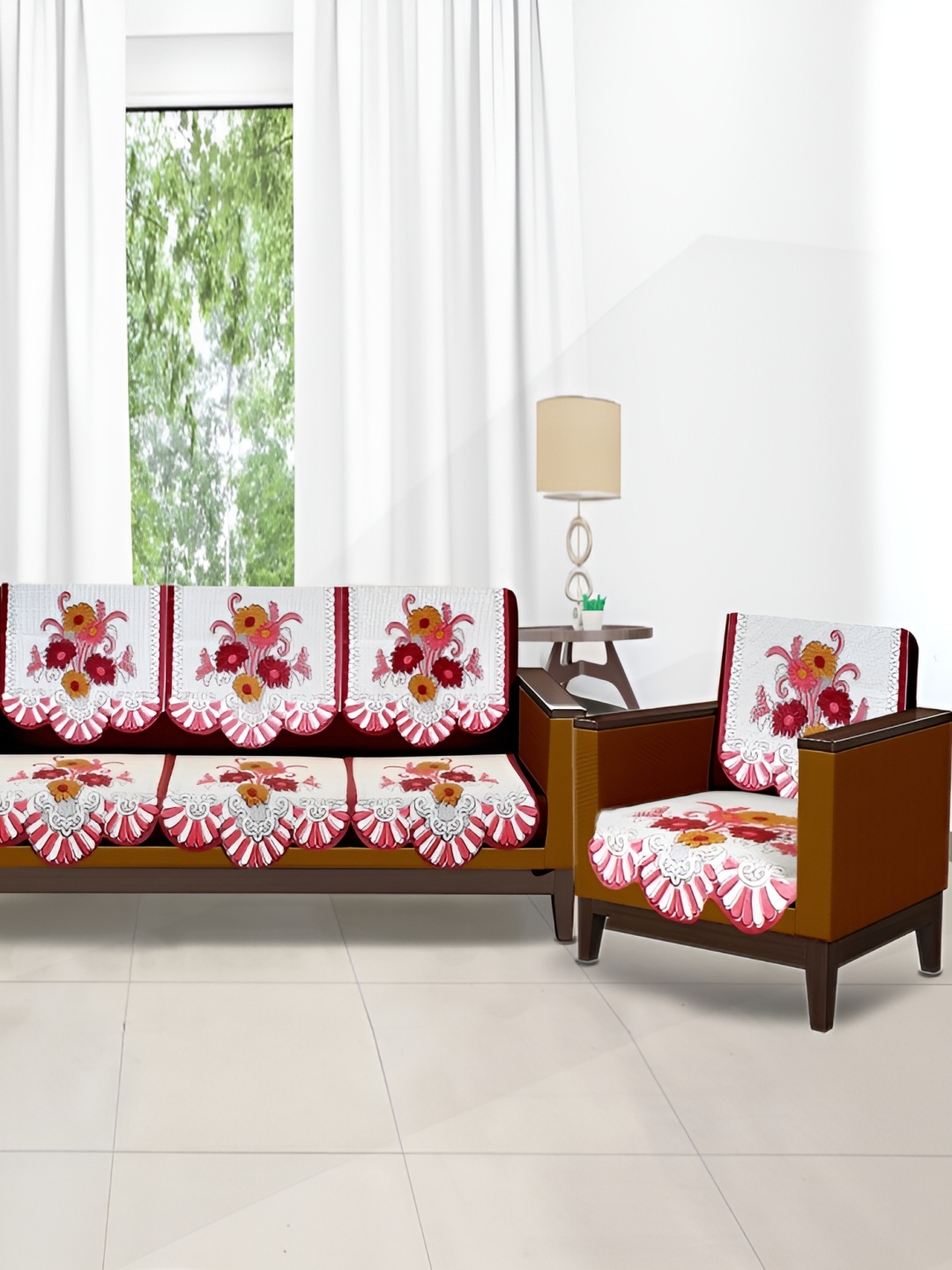 

Stylista Pink & White 10 Pieces Floral Printed Cotton 5 Seater Sofa Cover