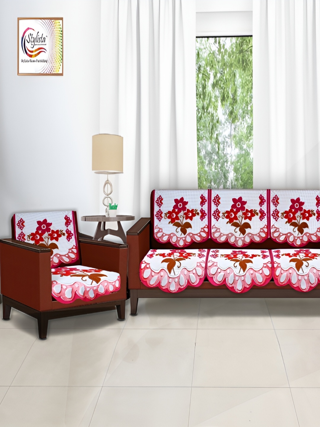 

Stylista Pink & White 10 Pieces Floral Printed Velvet Sofa Cover