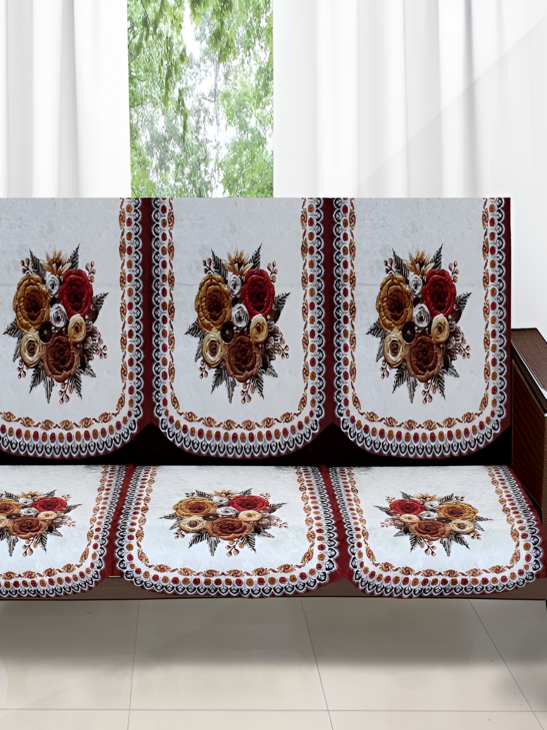 

Stylista Red & White 6 Pieces Floral Printed Velvet Cotton Sofa Covers