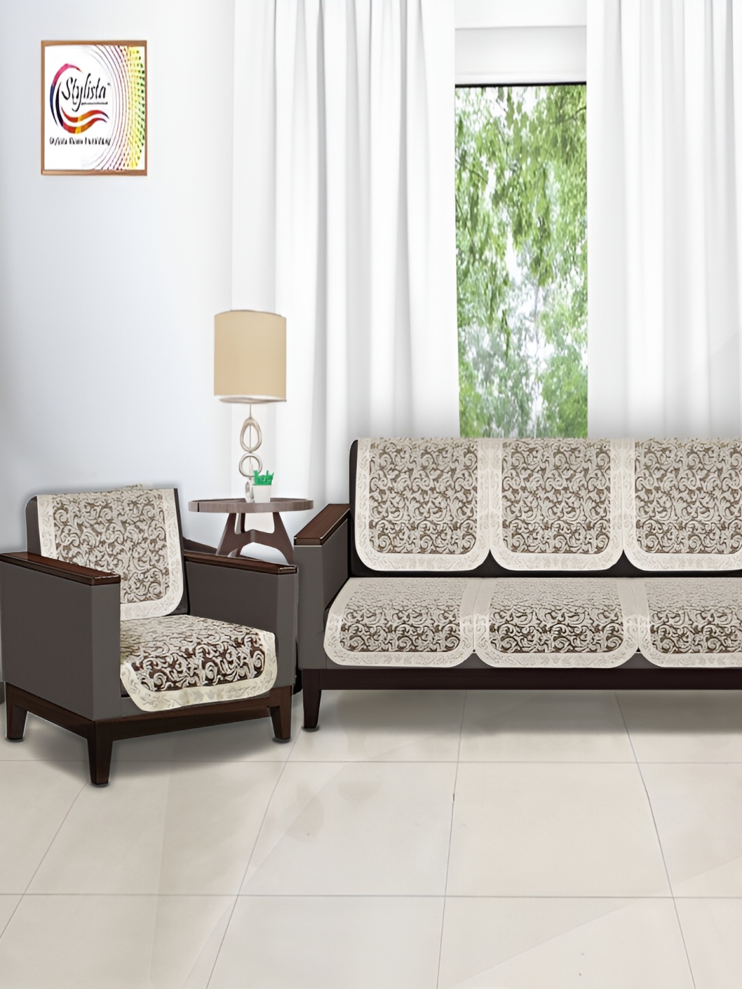 

Stylista White & Brown 10 Pieces Floral Printed Cotton 5 Seater Sofa Cover