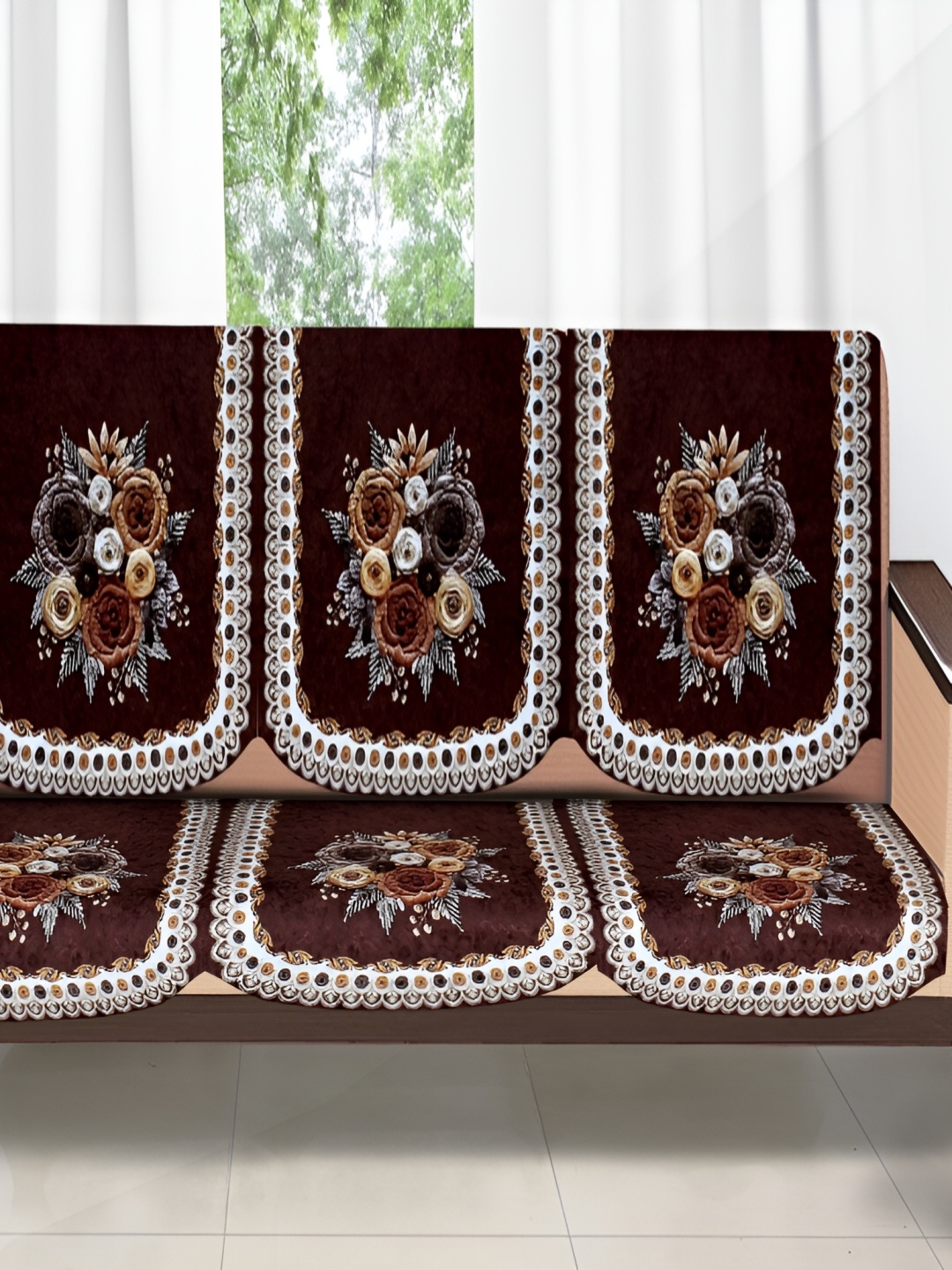 

Stylista Brown & White 6 Pieces Floral Printed Velvet Cotton Sofa Covers