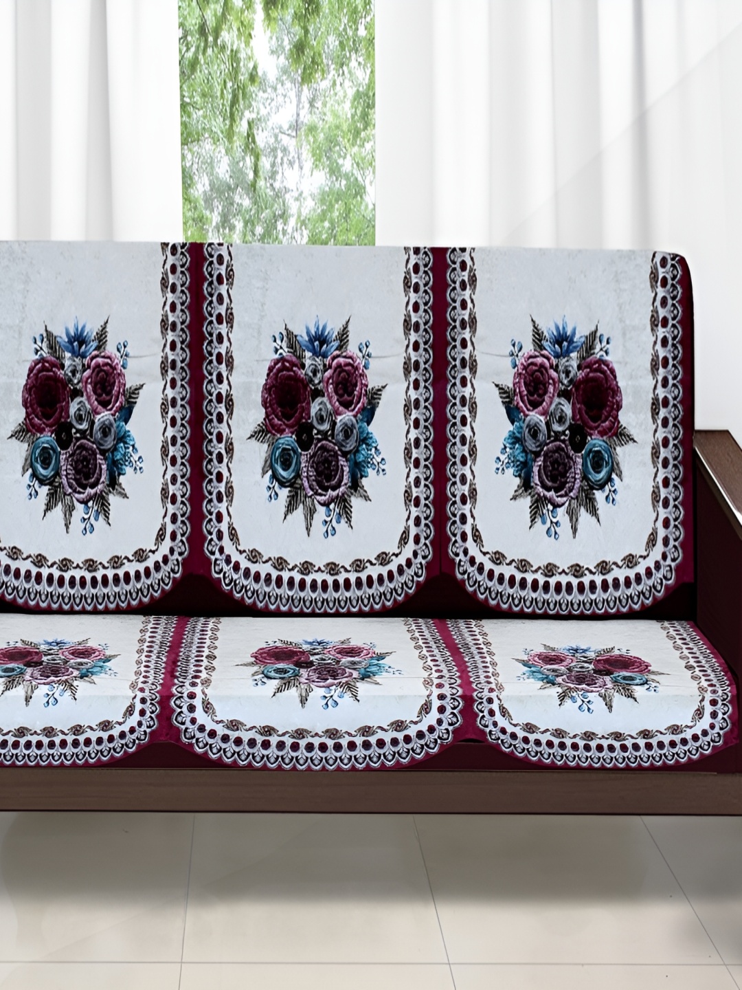 

Stylista Pink & White 6 Pieces Floral Printed Velvet Cotton Sofa Covers
