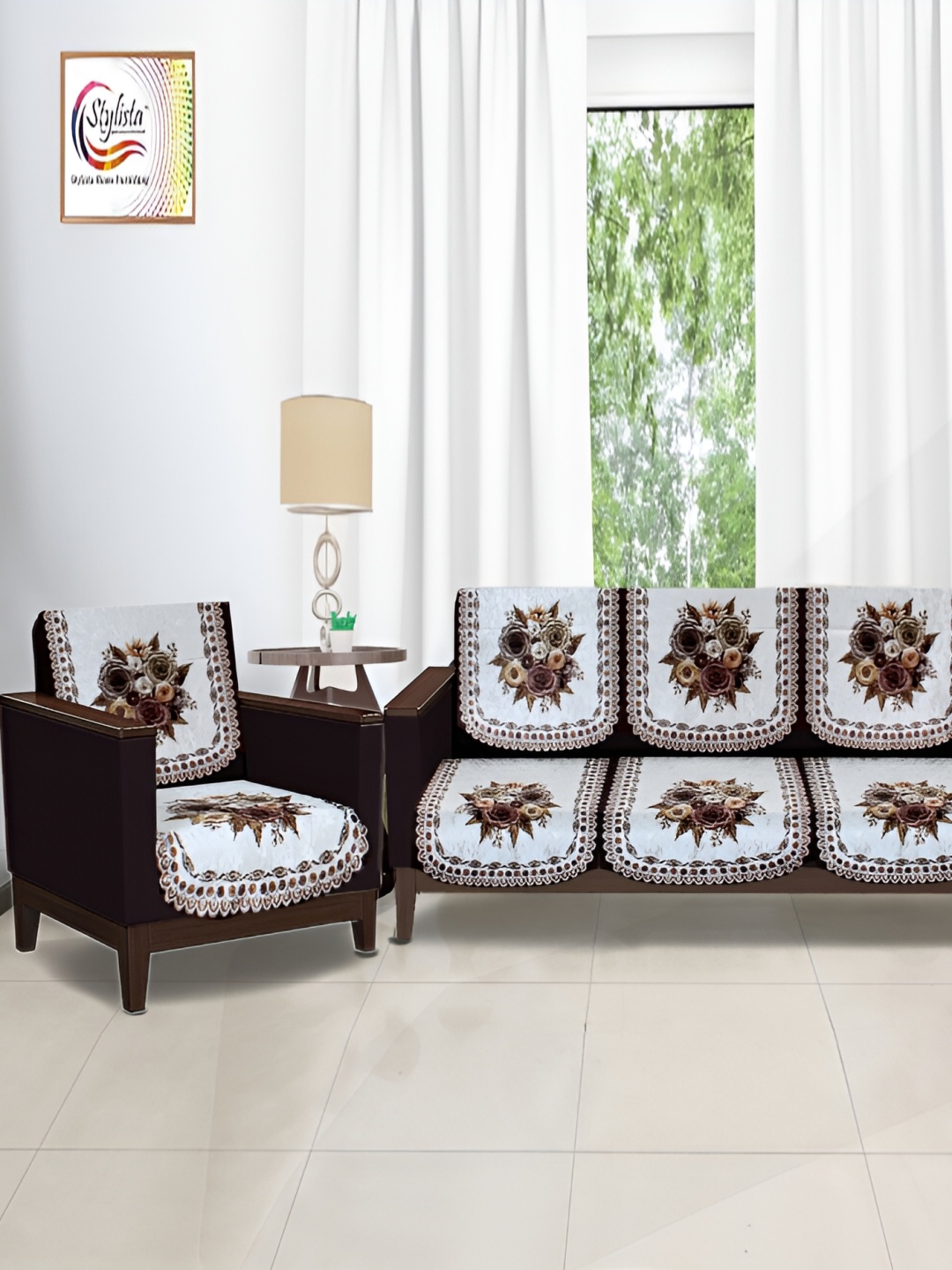 

Stylista Brown & White 10 Pieces Floral Printed Velvet Cotton Sofa Covers