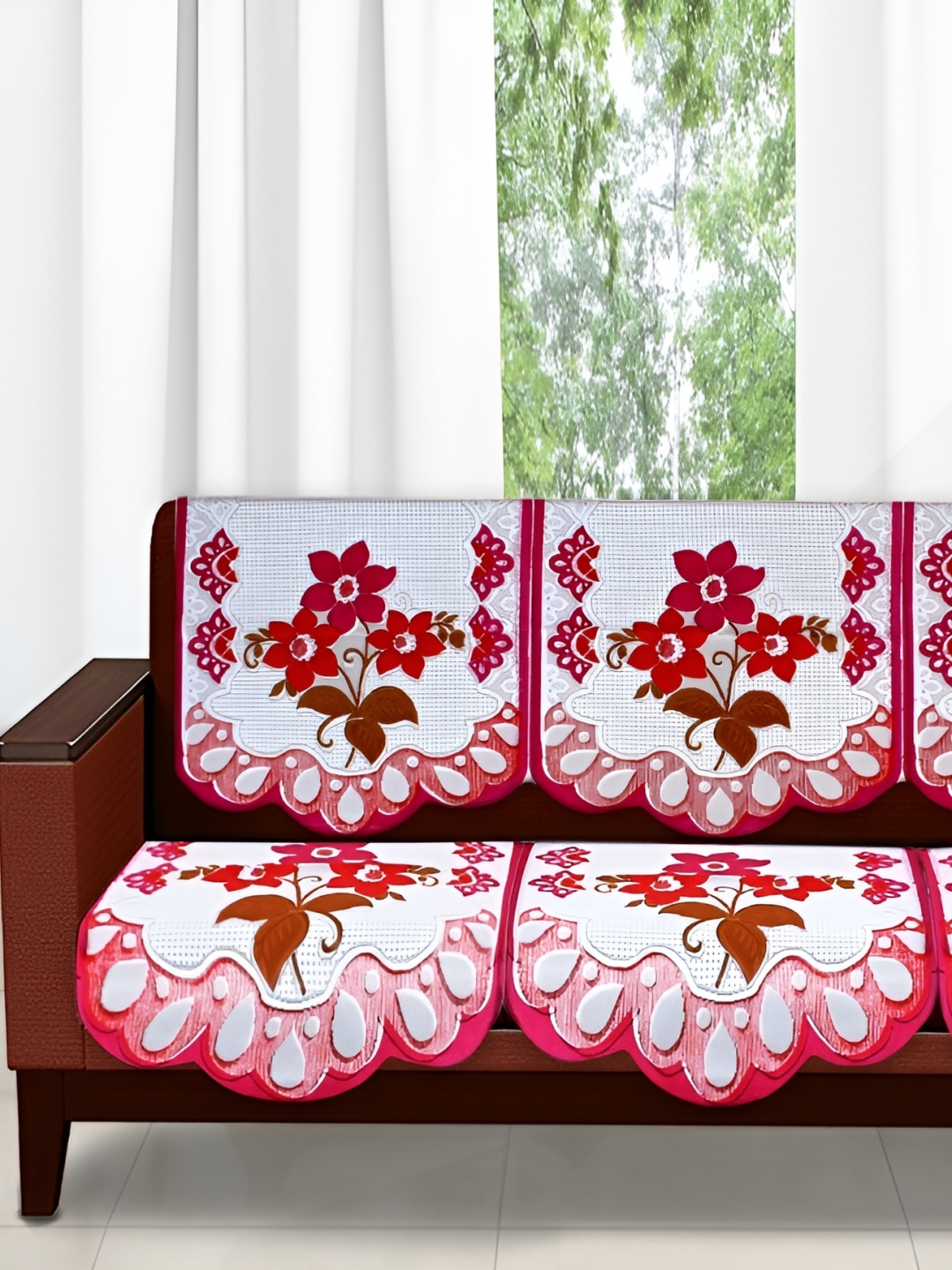

Stylista Pink & White 6 Pieces Floral Printed Velvet Sofa Cover