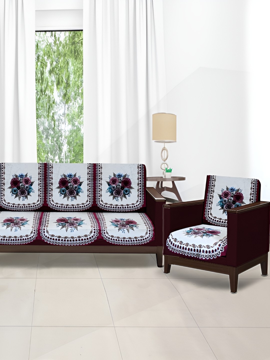 

Stylista Pink & White 10 Pieces Floral Printed Velvet Cotton Sofa Covers