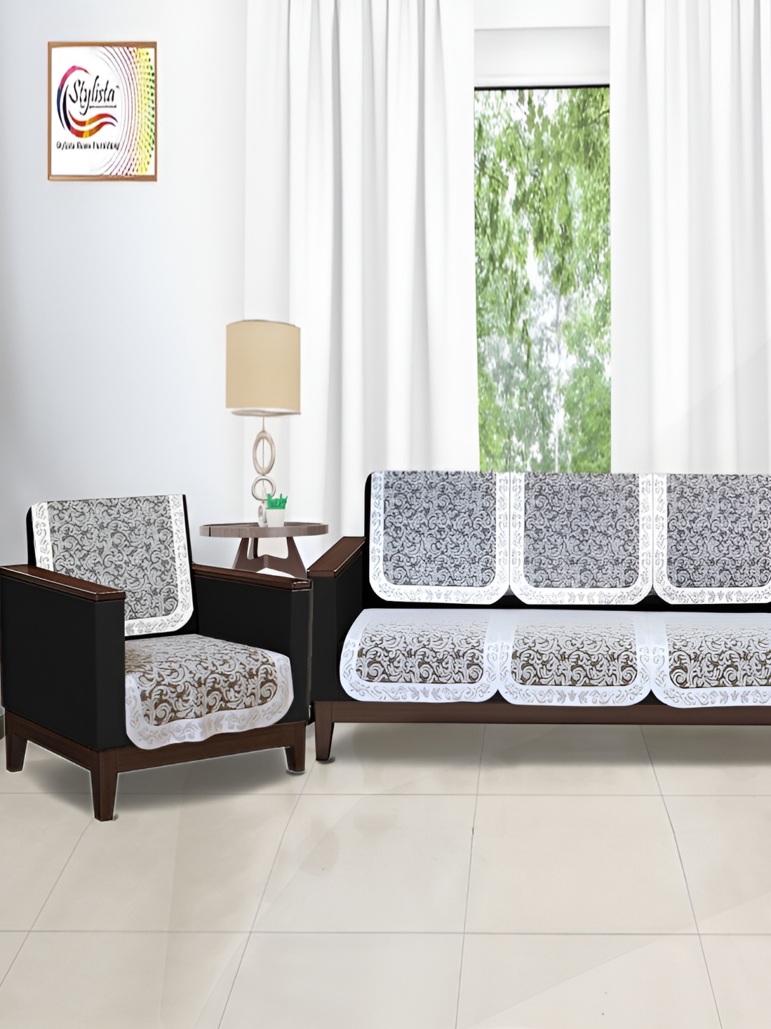 

Stylista White & Brown 10 Pieces Floral Printed Cotton 5 Seater Sofa Cover