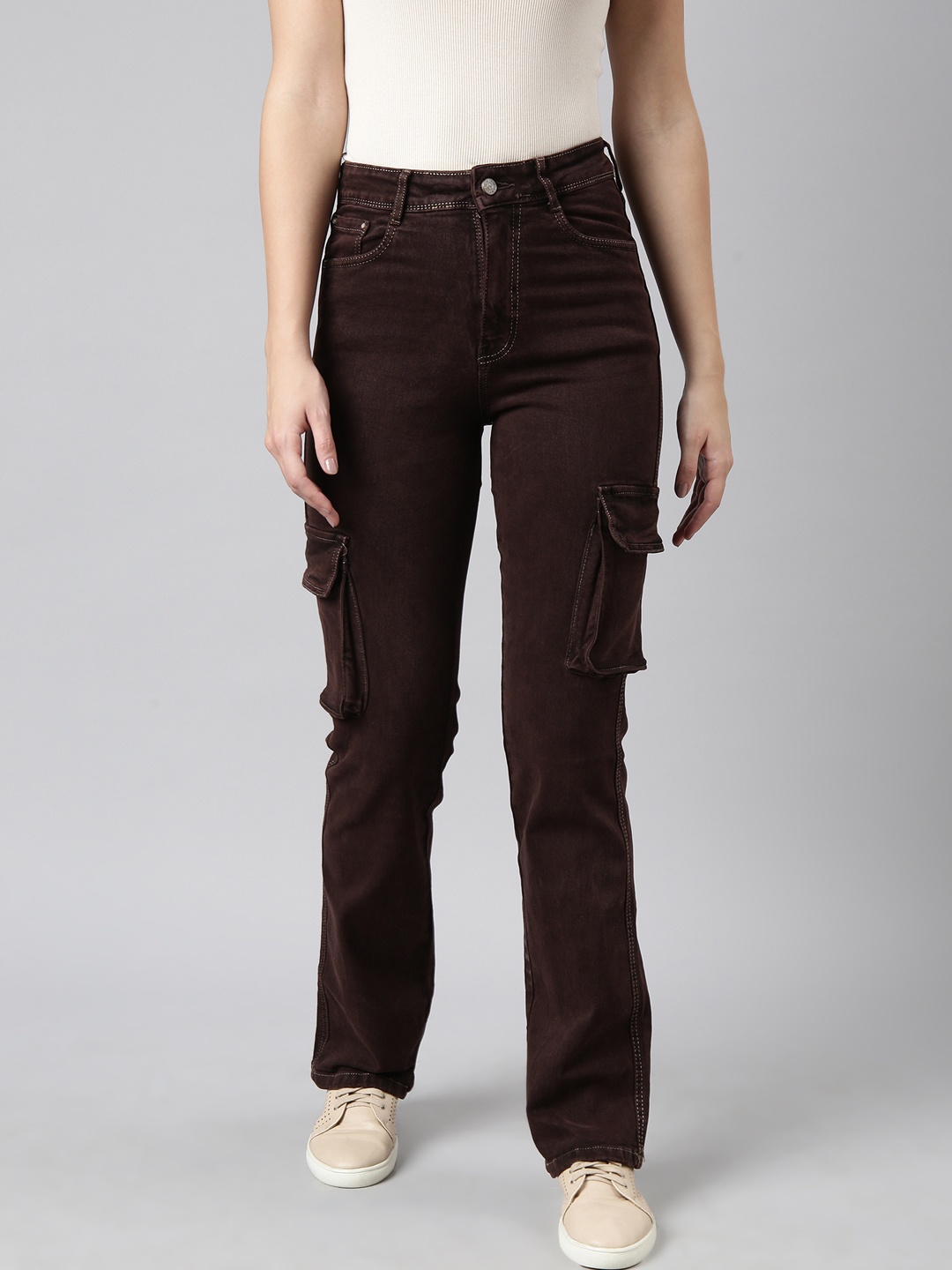 

SHOWOFF Women Jean Straight Fit Clean Look Stretchable Denim Corgo Jeans, Brown