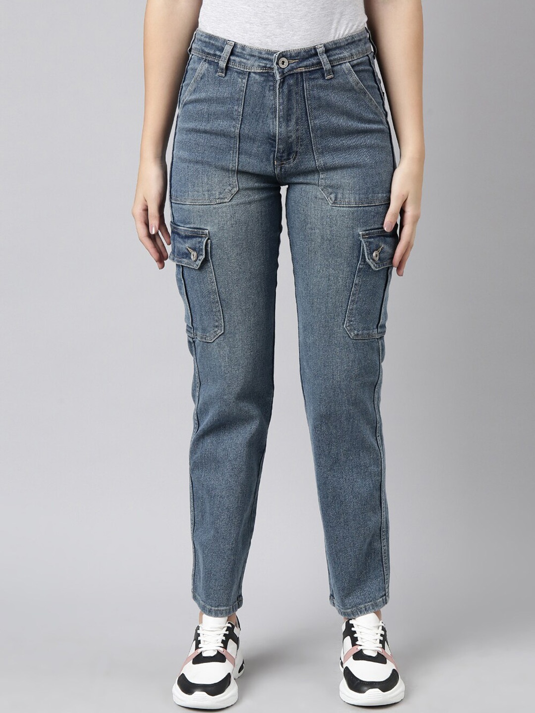 

SHOWOFF Women Jean Straight Fit Clean Look Light Fade Stretchable Cargo Jeans, Blue