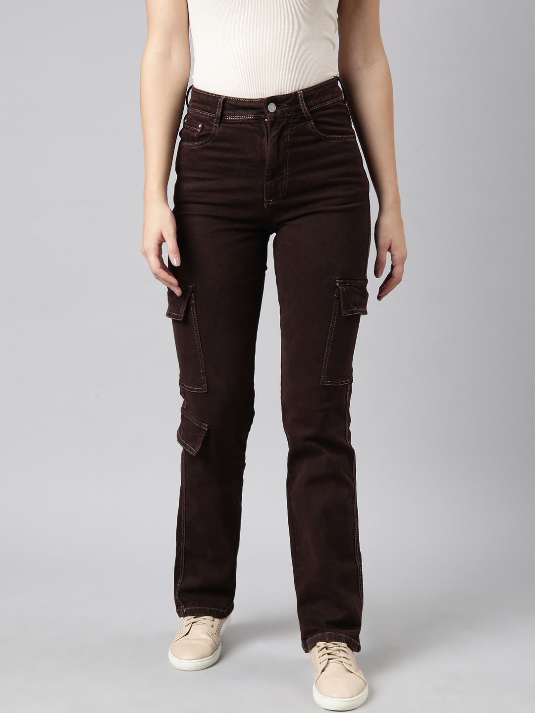 

SHOWOFF Women Jean Straight Fit Clean Look Stretchable Cargo Jeans, Brown