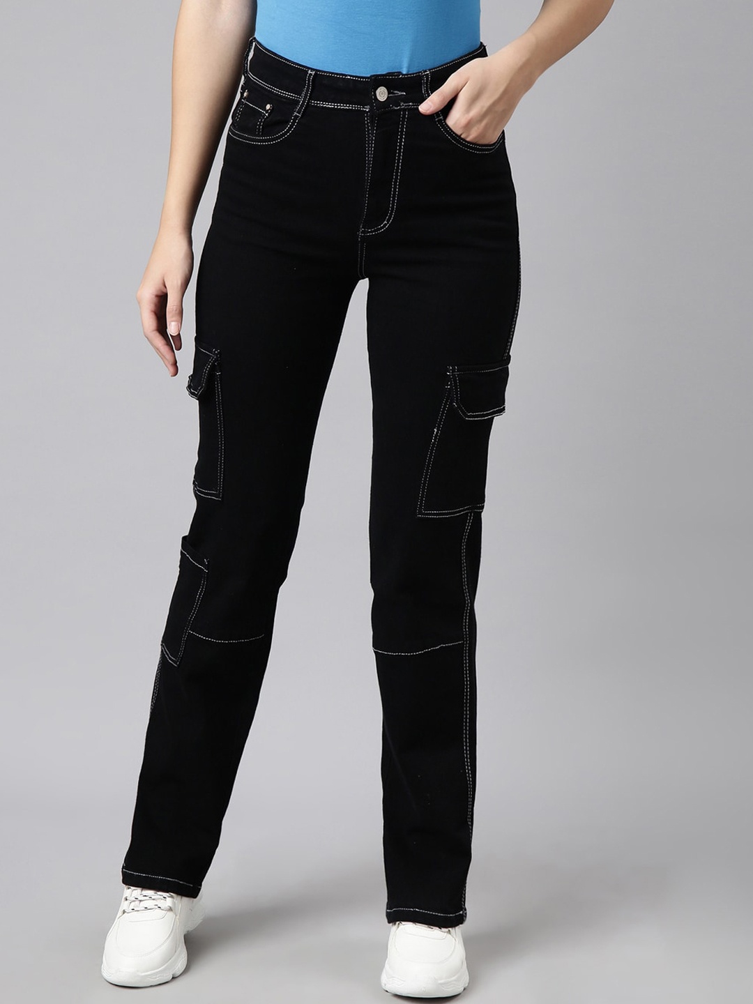 

SHOWOFF Women Jean Straight Fit Clean Look Stretchable Cargo Jeans, Black