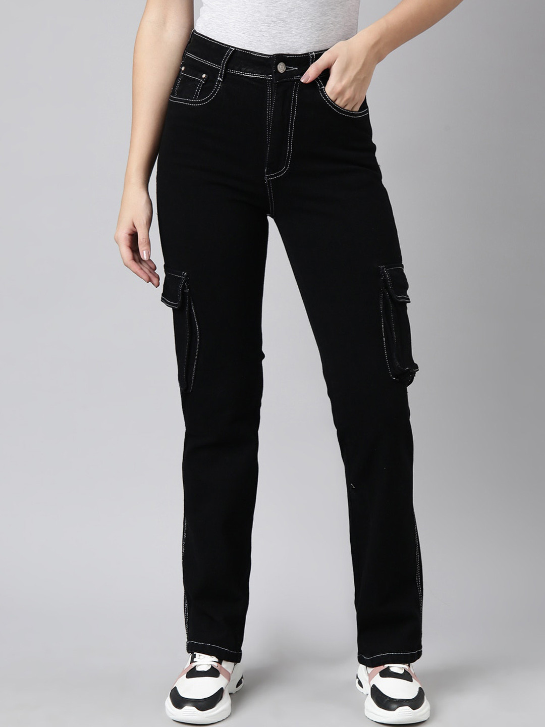 

SHOWOFF Women Jean Straight Fit Clean Look Stretchable Cargo Jeans, Black