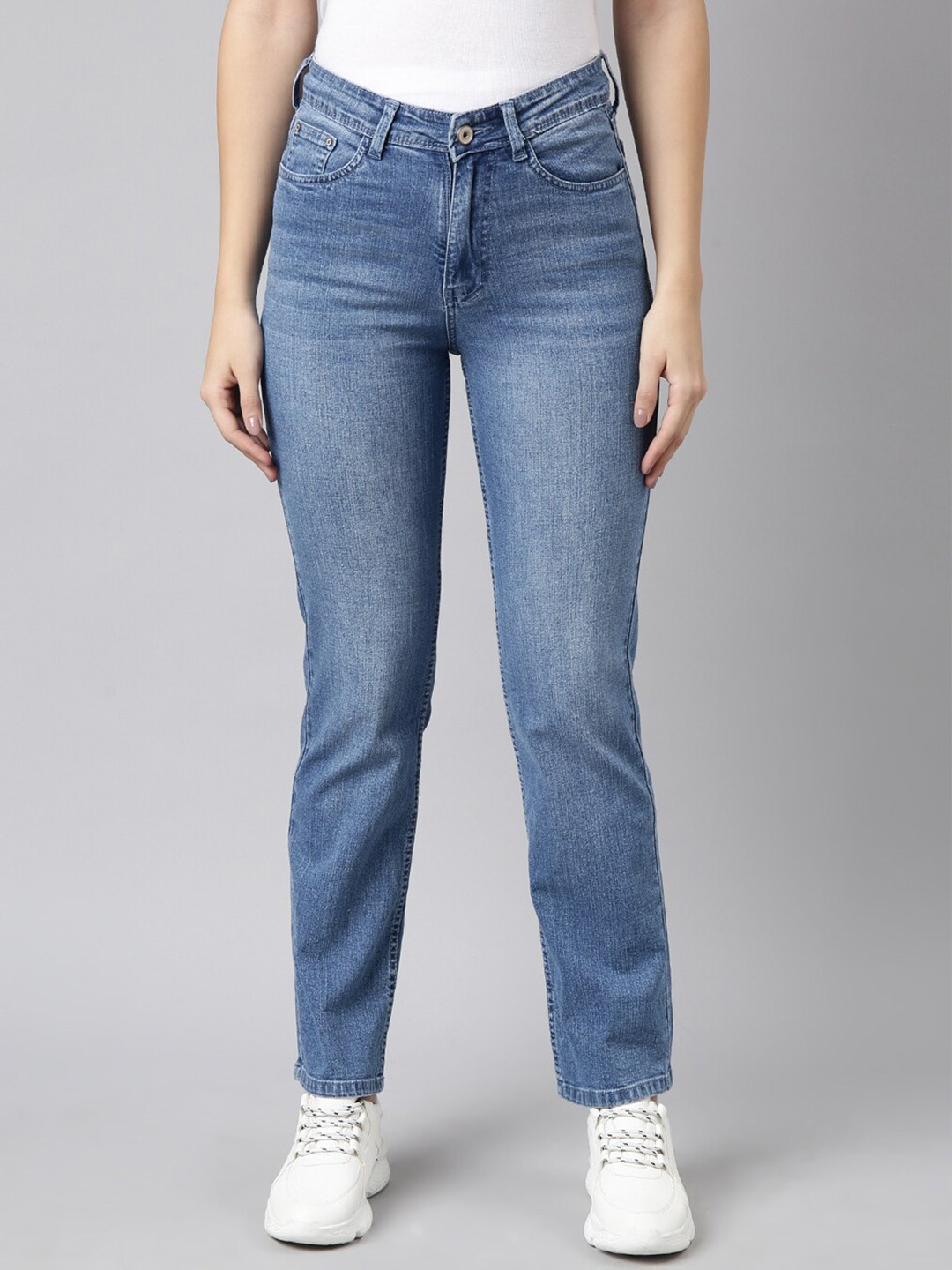 

SHOWOFF Women Jean Straight Fit Light Fade Whiskers & Chevrons Acid Wash Stretchable Jeans, Blue