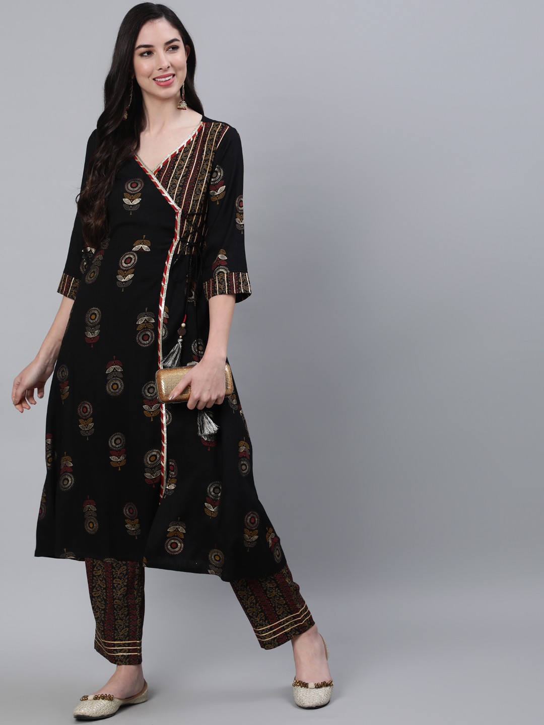 

Jaipur Kurti Black Ethnic Motifs Printed Angrakha Gotta Patti A-Line Kurta with Palazzos