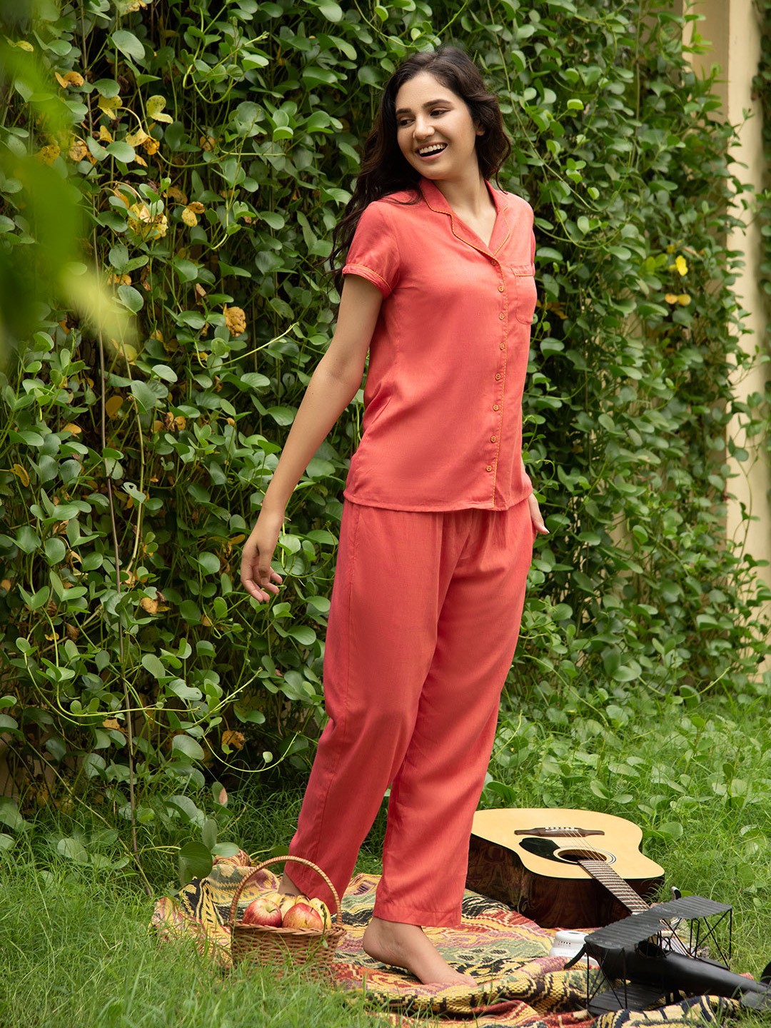 

Jaipur Kurti Lapel Collar Yarn Dyed Night suit, Coral