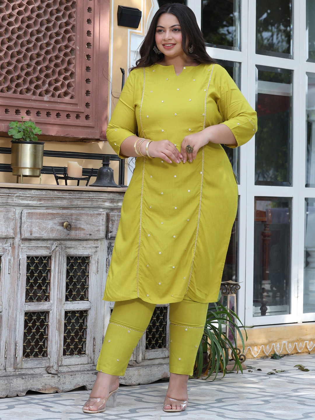 

Jaipur Kurti Plus Size Olive Green Notched Neck Mirror Work Straight Kurta with Trousers