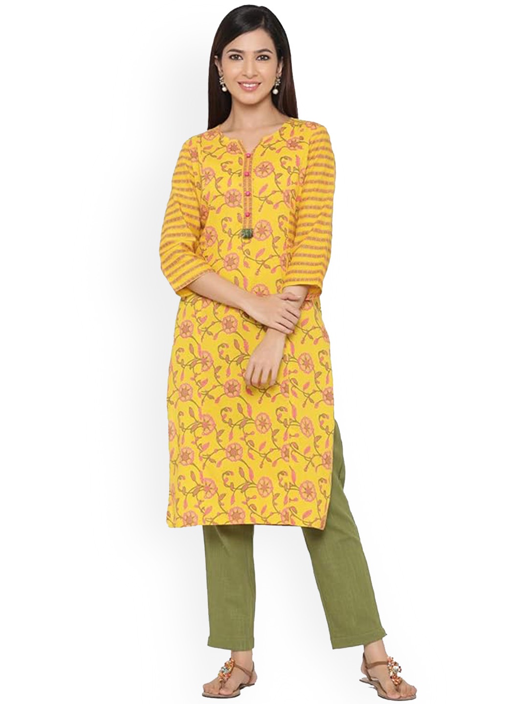 

Jaipur Kurti Floral Printed Pure Cotton Straight Kurta, Yellow