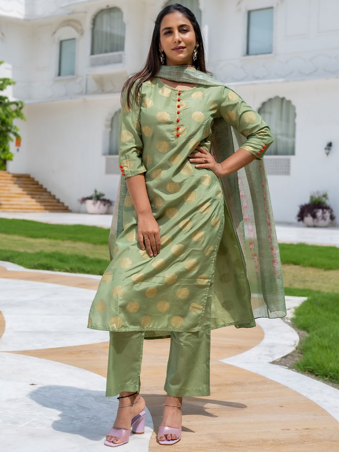 

Jaipur Kurti Green Ethnic Motifs Round Neck Straight Kurta with Palazzos & Dupatta