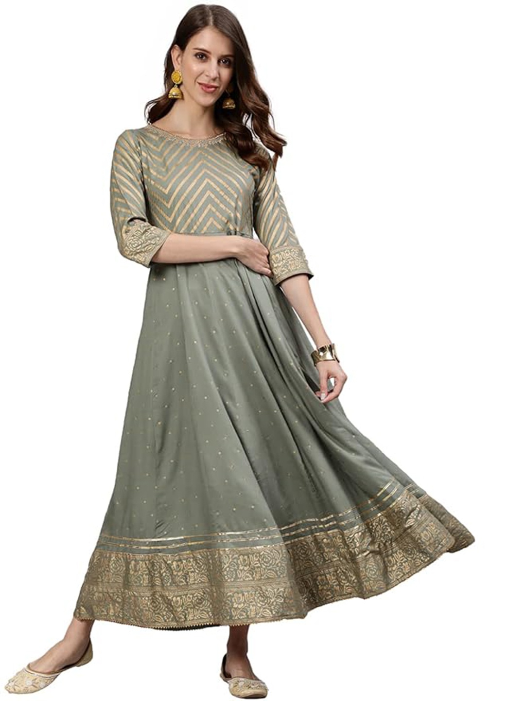 

Jaipur Kurti Grey Ethnic Motifs Print Cotton Anarkali Flared Kurta