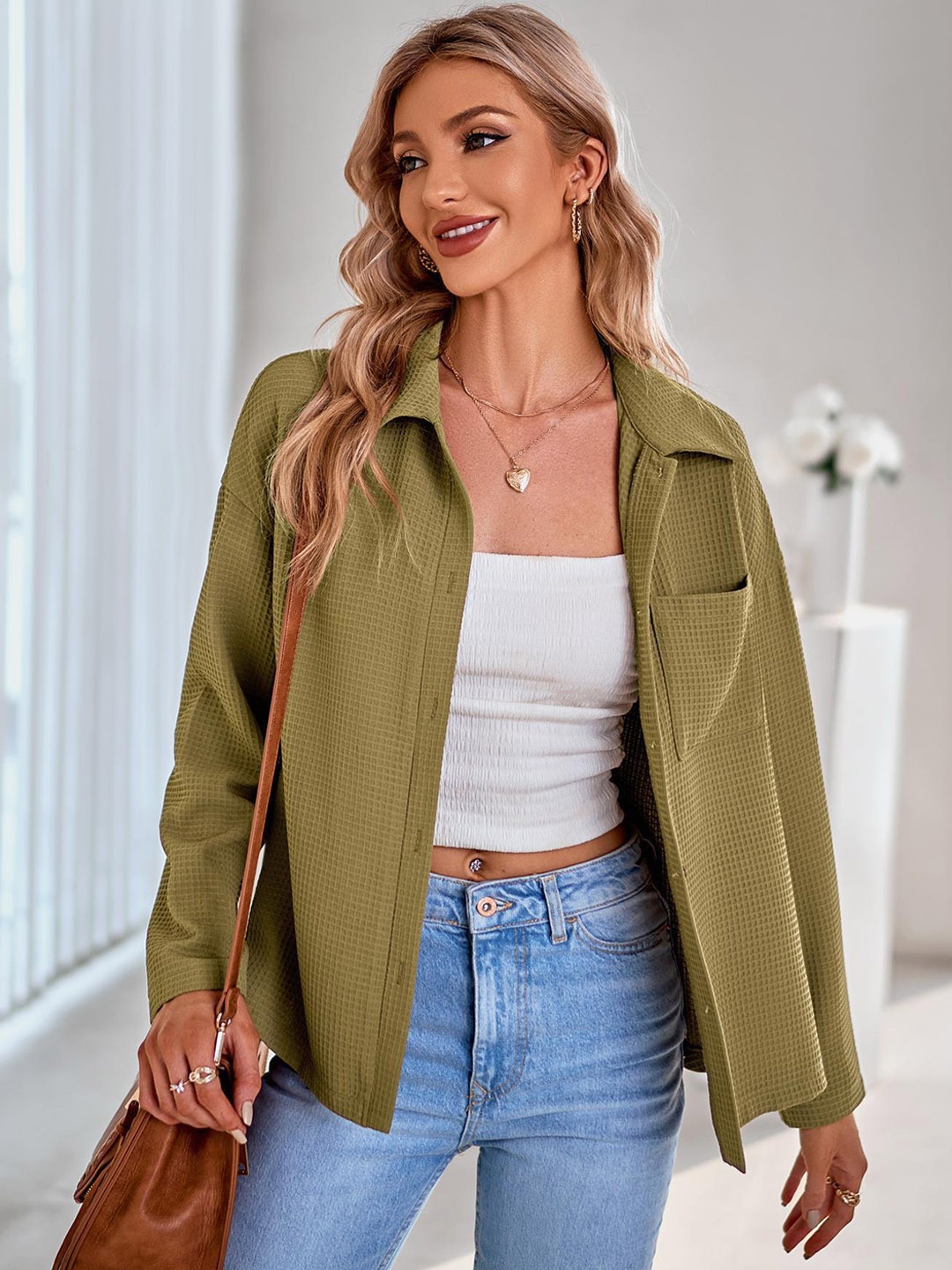 

StyleCast Khaki Self Design Spread Collar Shackets
