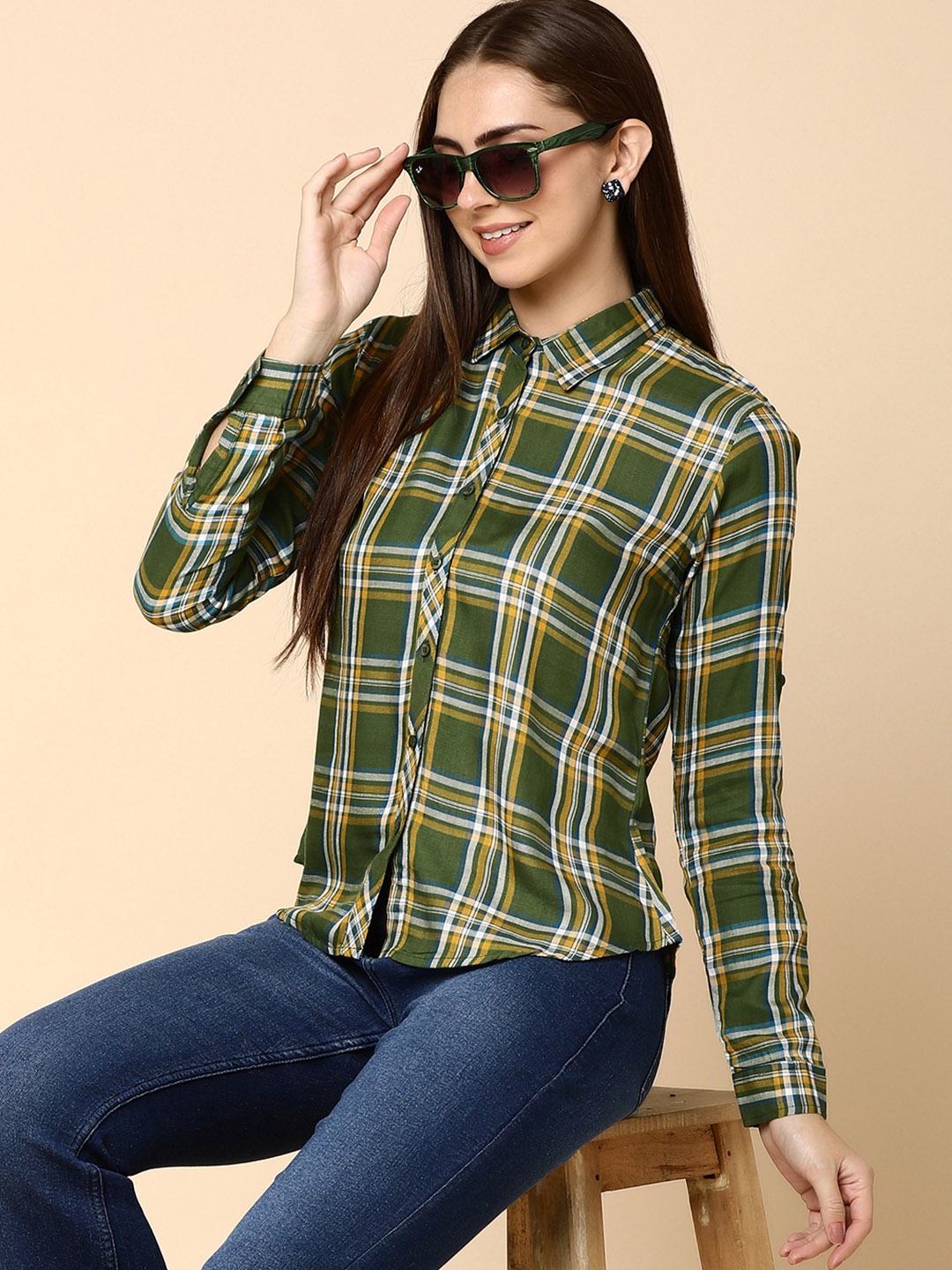 

V-Mart Spread Collar Tartan Checks Checked Cotton Casual Shirt, Olive
