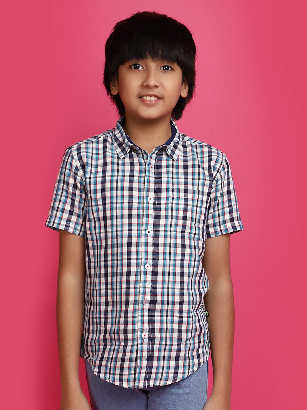 

V-Mart Boys Checked Spread Collar Short Sleeves Cotton Casual Shirt, Blue