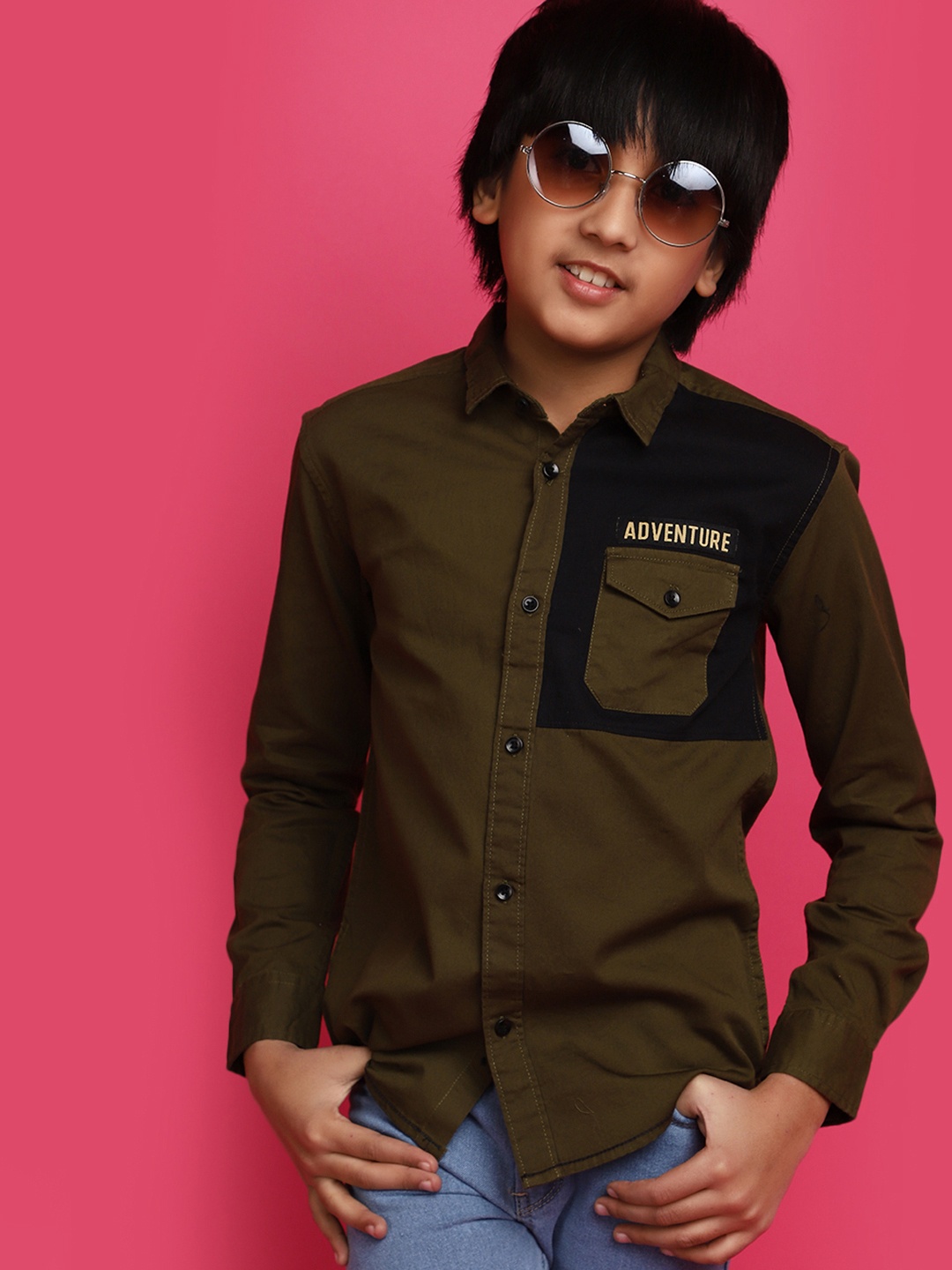 

V-Mart Boys Opaque Cotton Casual Shirt, Olive