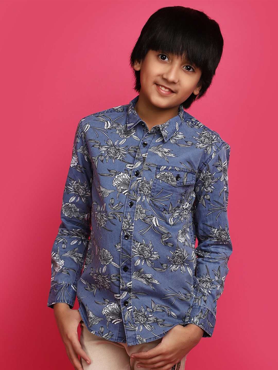

V-Mart Boys Floral Printed Spread Collar Long Sleeves Cotton Casual Shirt, Blue